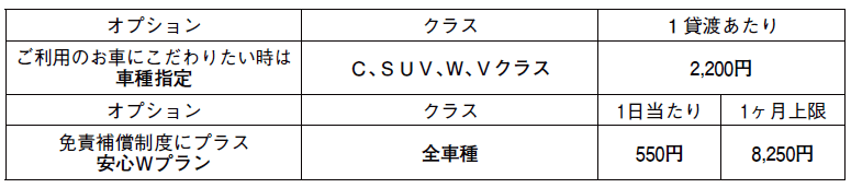 オプション料金表