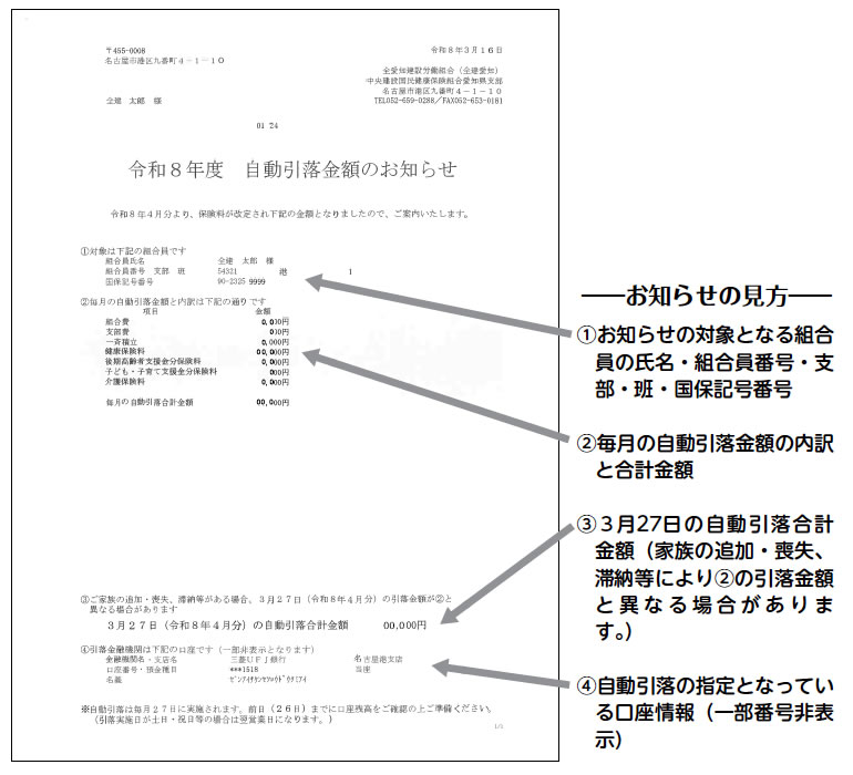 自動引落金額のお知らせ